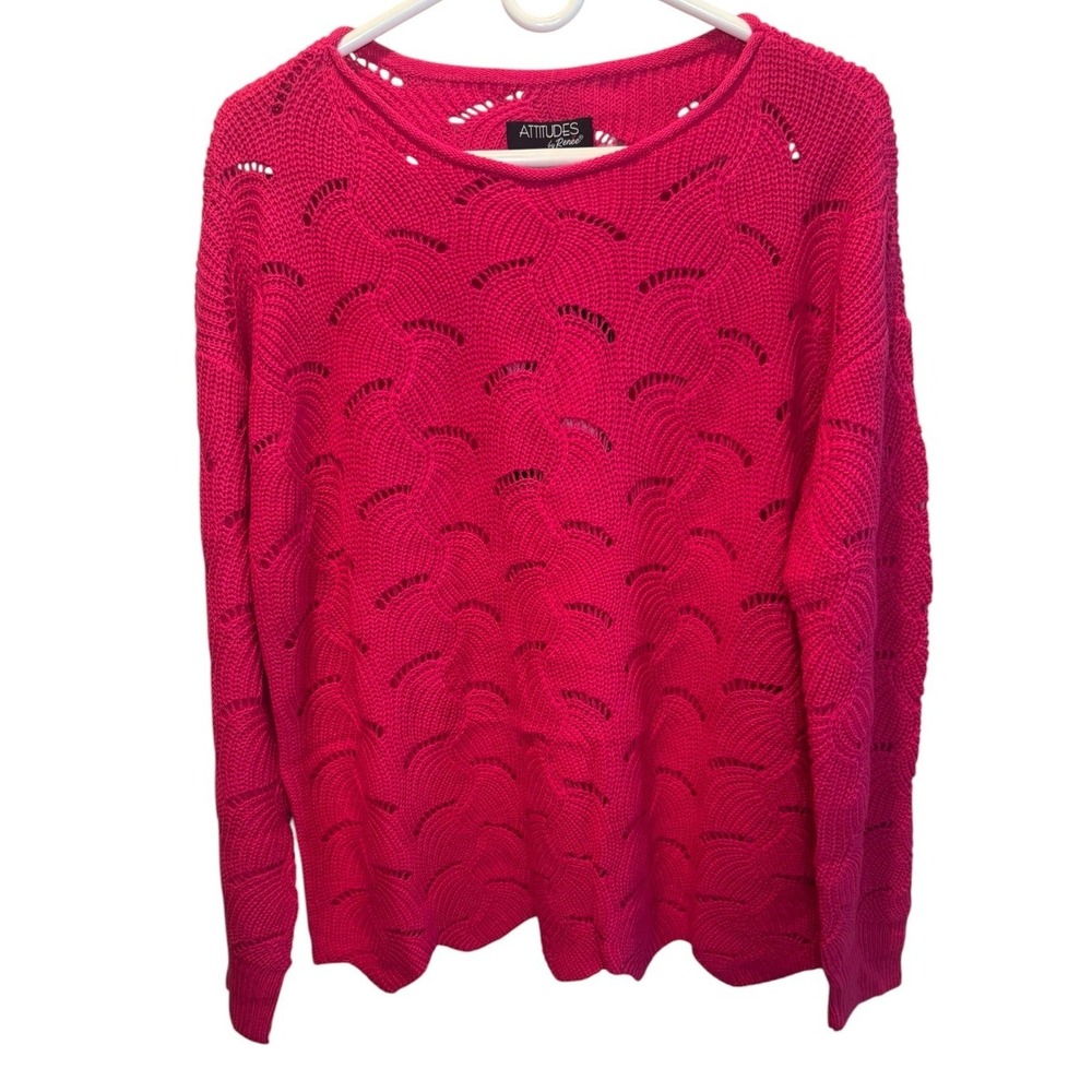 Attitudes by Renee Womens Pink Scalloped Pointelle Knit Pullover Sweater S NEW